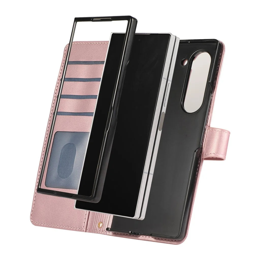 For Samsung Galaxy Z Fold7 5G Case Multi Card Slots Zipper Rhombus Leather Phone Cover with Wrist Strap - Rose Gold - 7