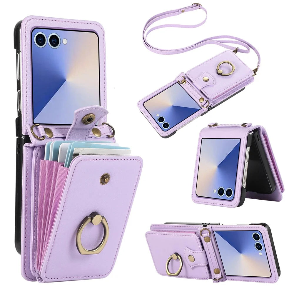For Samsung Galaxy Z Flip7 5G Case Card Holder Ring Kickstand TPU + PU Leather Phone Cover with Long Strap - Purple - 1