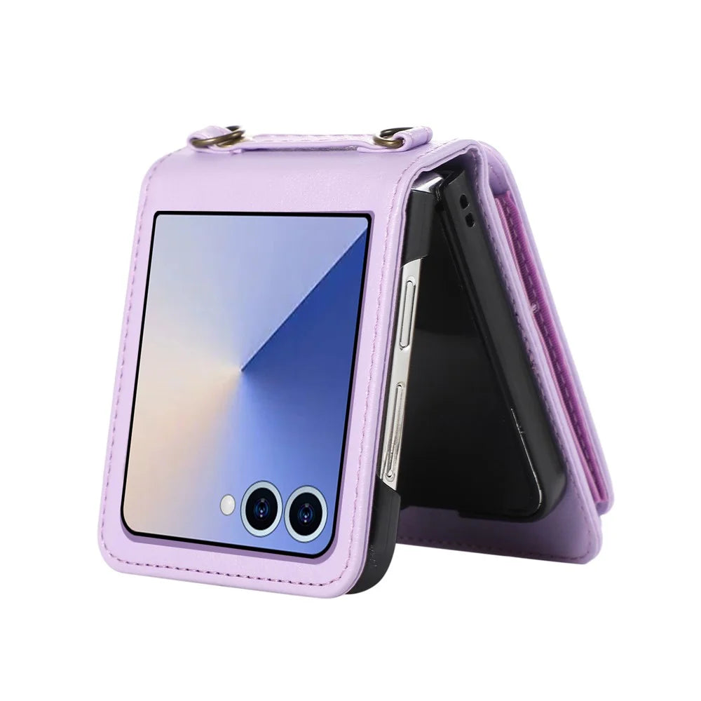 For Samsung Galaxy Z Flip7 5G Case Card Holder Ring Kickstand TPU + PU Leather Phone Cover with Long Strap - Purple - 2