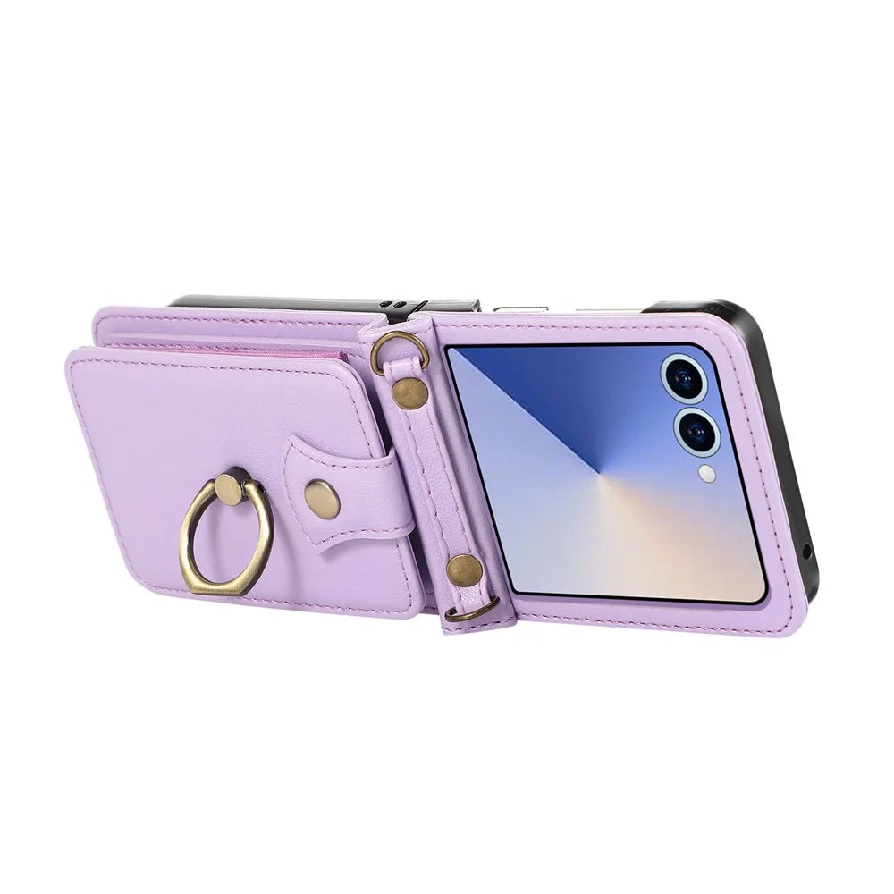 For Samsung Galaxy Z Flip7 5G Case Card Holder Ring Kickstand TPU + PU Leather Phone Cover with Long Strap - Purple - 3