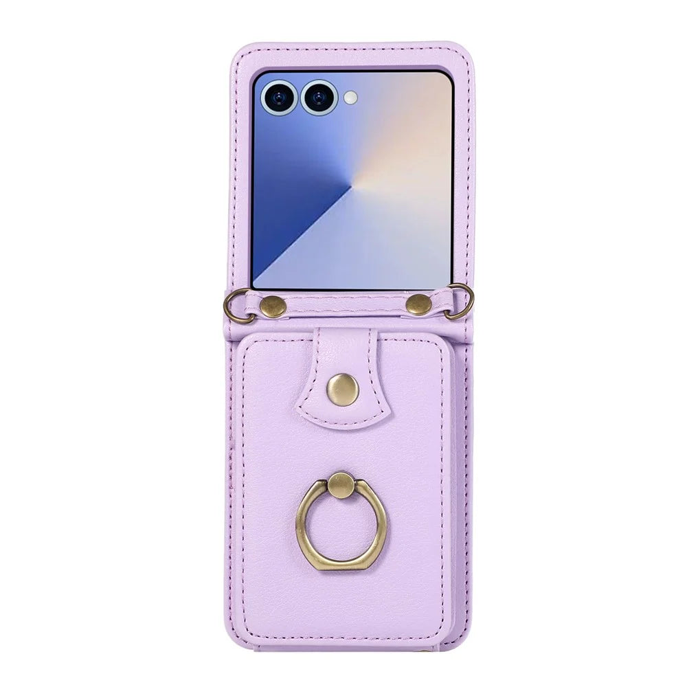 For Samsung Galaxy Z Flip7 5G Case Card Holder Ring Kickstand TPU + PU Leather Phone Cover with Long Strap - Purple - 4