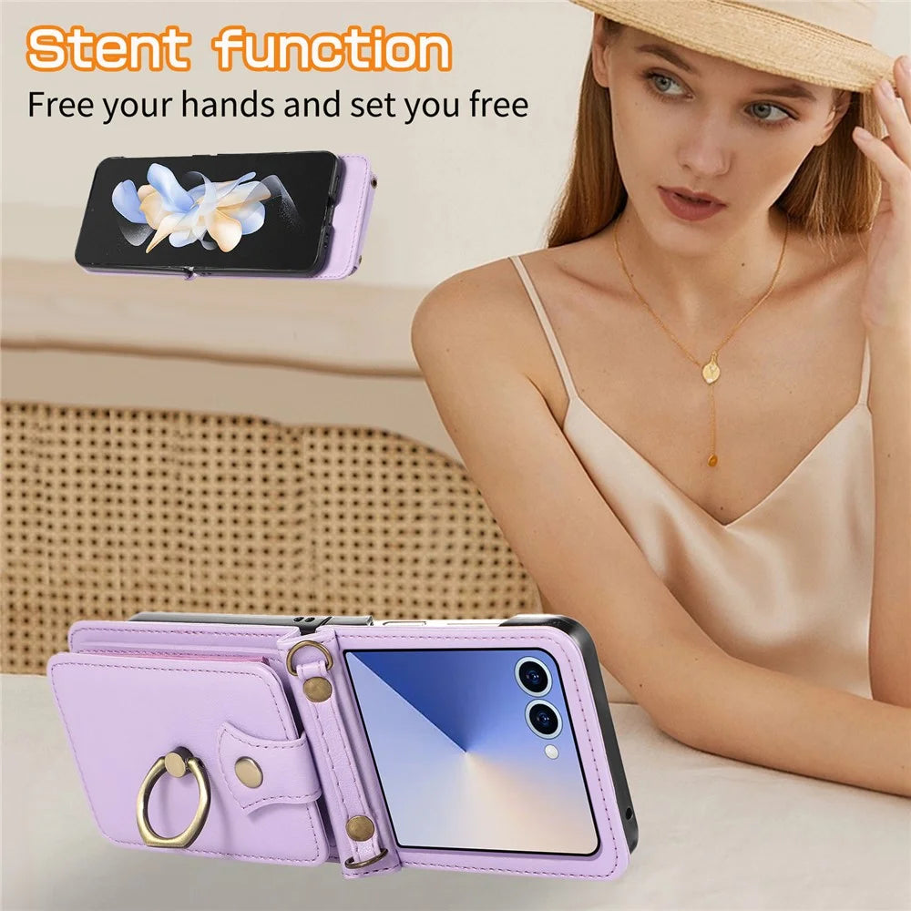 For Samsung Galaxy Z Flip7 5G Case Card Holder Ring Kickstand TPU + PU Leather Phone Cover with Long Strap - Purple - 5