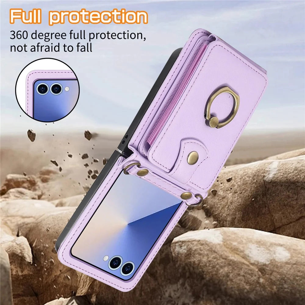 For Samsung Galaxy Z Flip7 5G Case Card Holder Ring Kickstand TPU + PU Leather Phone Cover with Long Strap - Purple - 6