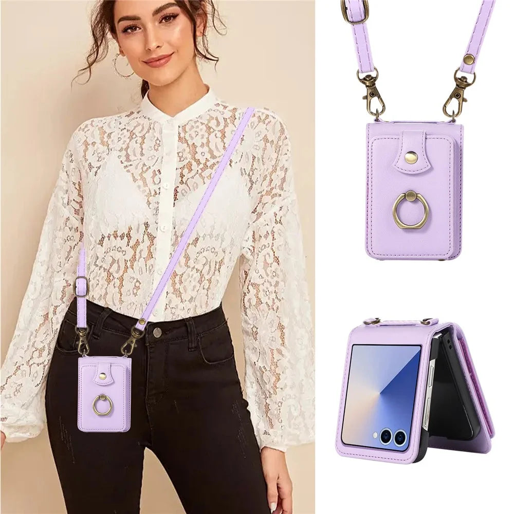 For Samsung Galaxy Z Flip7 5G Case Card Holder Ring Kickstand TPU + PU Leather Phone Cover with Long Strap - Purple - 7