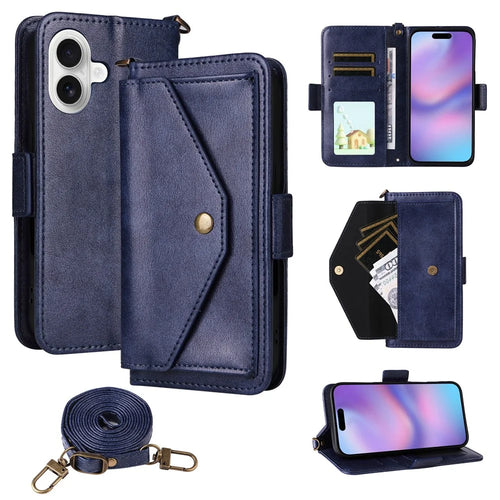 For iPhone 17 Leather Case Magnetic Closure Wallet Stand Phone Cover with Crossbody Strap - Blue - 1