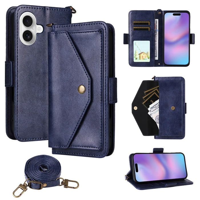 For iPhone 17 Leather Case Magnetic Closure Wallet Stand Phone Cover with Crossbody Strap - Blue - 1