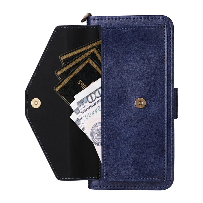 For iPhone 17 Leather Case Magnetic Closure Wallet Stand Phone Cover with Crossbody Strap - Blue - 3