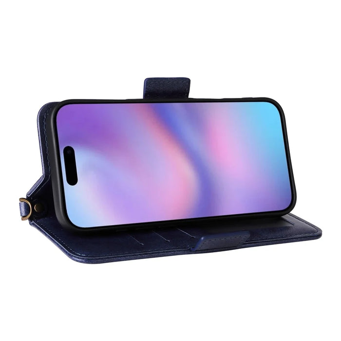 For iPhone 17 Leather Case Magnetic Closure Wallet Stand Phone Cover with Crossbody Strap - Blue - 4