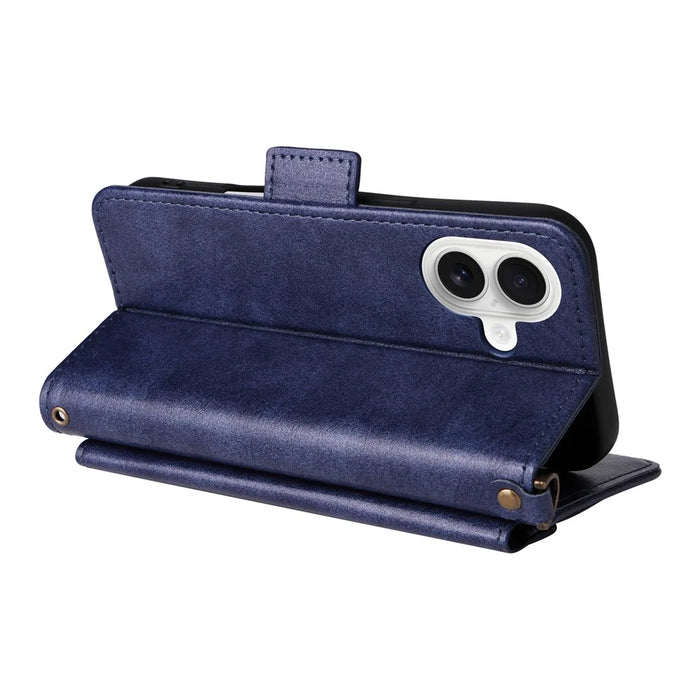 For iPhone 17 Leather Case Magnetic Closure Wallet Stand Phone Cover with Crossbody Strap - Blue - 5
