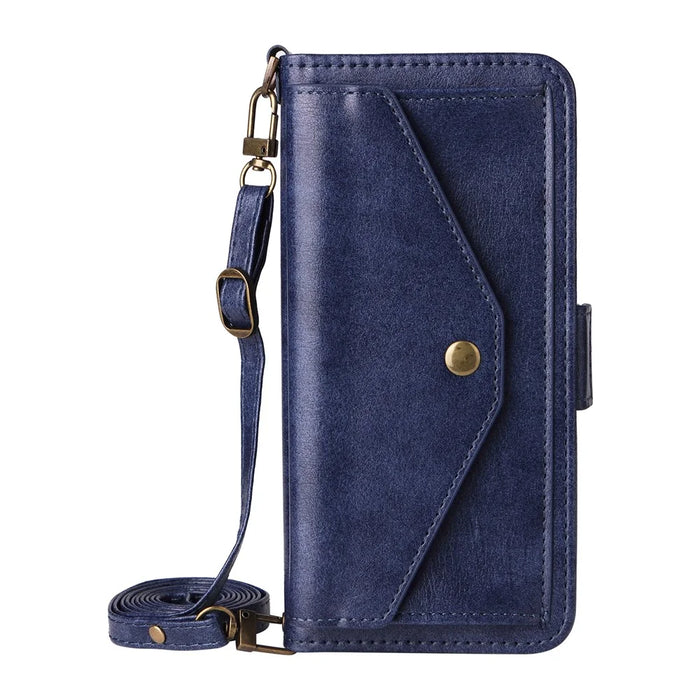 For iPhone 17 Leather Case Magnetic Closure Wallet Stand Phone Cover with Crossbody Strap - Blue - 7