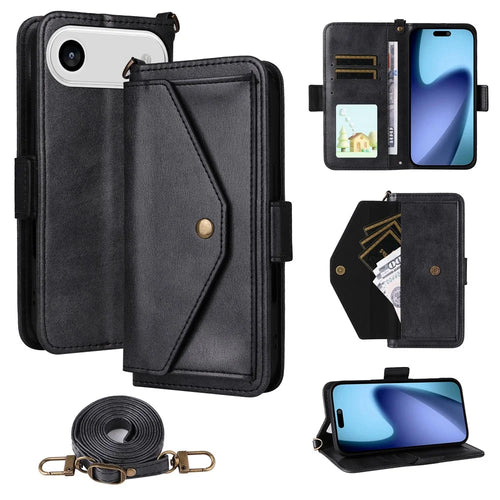 For iPhone Air Leather Case Magnetic Closure Wallet Stand Phone Cover with Crossbody Strap - Black - 1