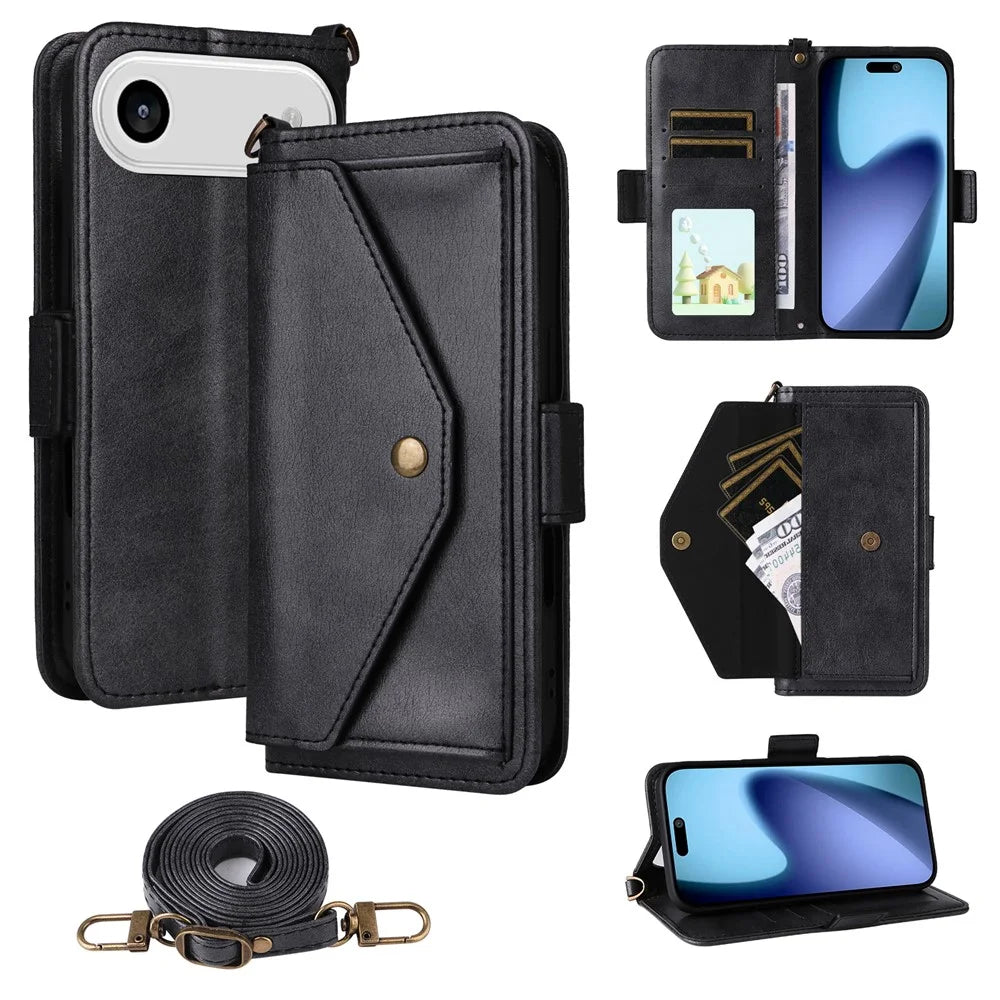 For iPhone Air Leather Case Magnetic Closure Wallet Stand Phone Cover with Crossbody Strap - Black - 1
