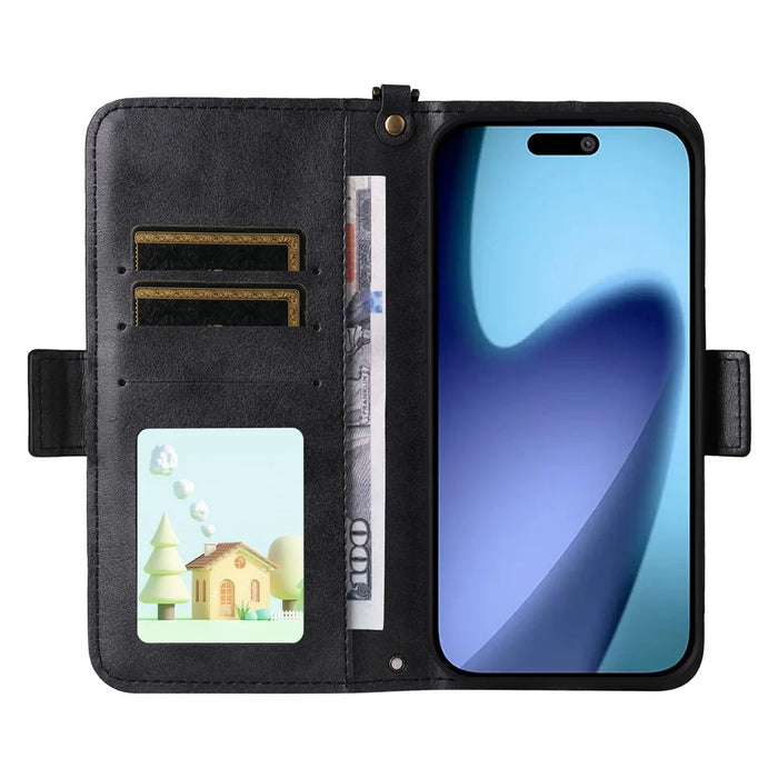 For iPhone Air Leather Case Magnetic Closure Wallet Stand Phone Cover with Crossbody Strap - Black - 2