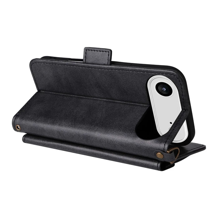 For iPhone Air Leather Case Magnetic Closure Wallet Stand Phone Cover with Crossbody Strap - Black - 5