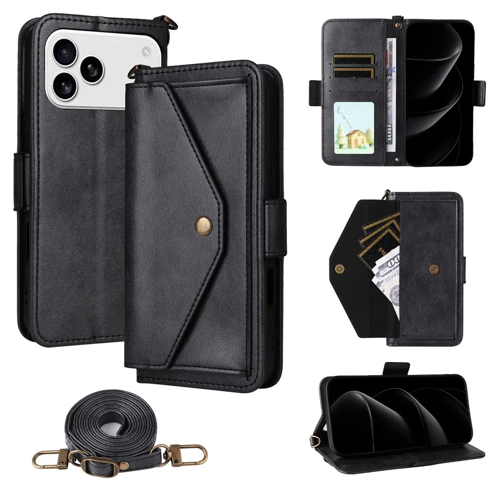 For iPhone 18 Pro / 17 Pro Leather Case Magnetic Closure Wallet Stand Phone Cover with Crossbody Strap - Black - 1