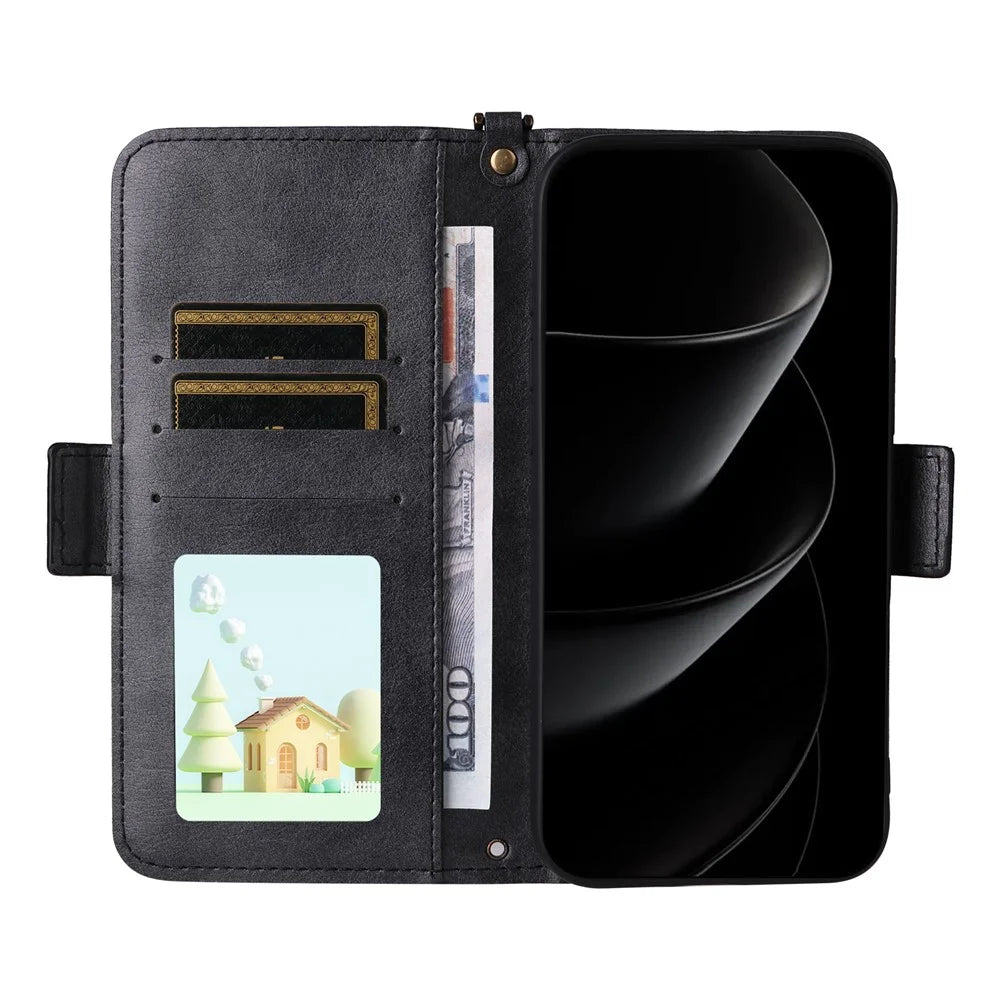 For iPhone 18 Pro / 17 Pro Leather Case Magnetic Closure Wallet Stand Phone Cover with Crossbody Strap - Black - 2