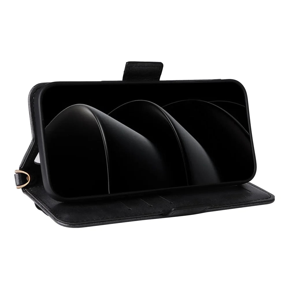 For iPhone 18 Pro / 17 Pro Leather Case Magnetic Closure Wallet Stand Phone Cover with Crossbody Strap - Black - 4