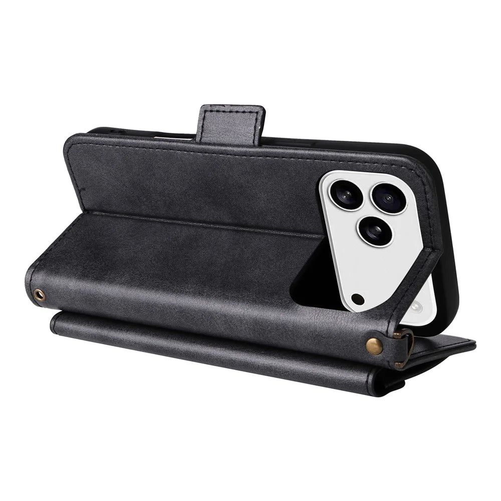 For iPhone 18 Pro / 17 Pro Leather Case Magnetic Closure Wallet Stand Phone Cover with Crossbody Strap - Black - 5