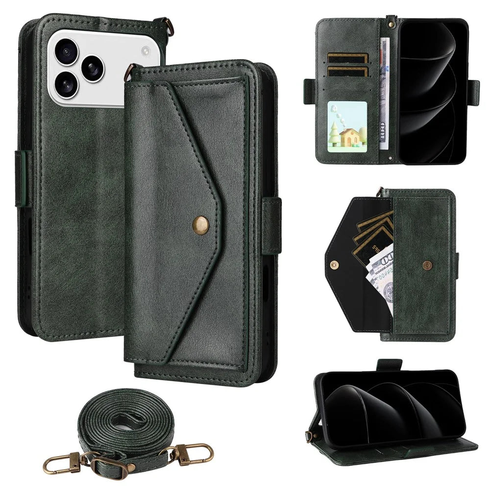 For iPhone 18 Pro Max / 17 Pro Max Leather Case Magnetic Clasp Wallet Stand Phone Cover with Crossbody Strap - Green - 1