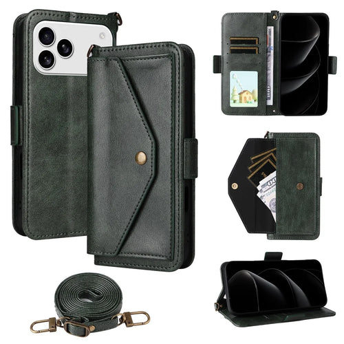 For iPhone 18 Pro Max / 17 Pro Max Leather Case Magnetic Clasp Wallet Stand Phone Cover with Crossbody Strap - Green - 1