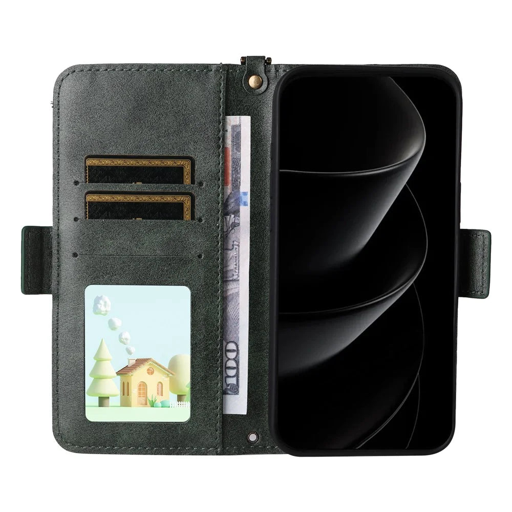 For iPhone 18 Pro Max / 17 Pro Max Leather Case Magnetic Clasp Wallet Stand Phone Cover with Crossbody Strap - Green - 2