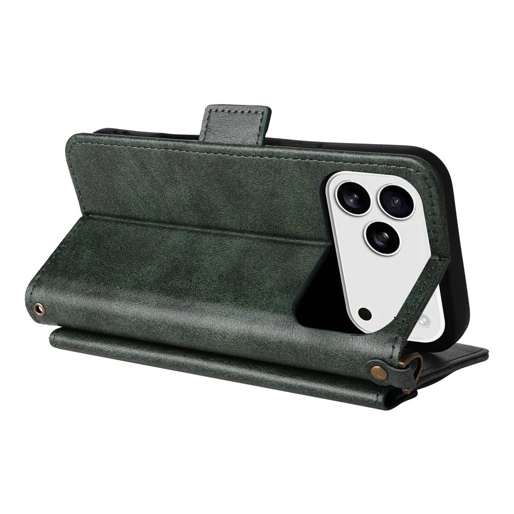 For iPhone 18 Pro Max / 17 Pro Max Leather Case Magnetic Clasp Wallet Stand Phone Cover with Crossbody Strap - Green - 5