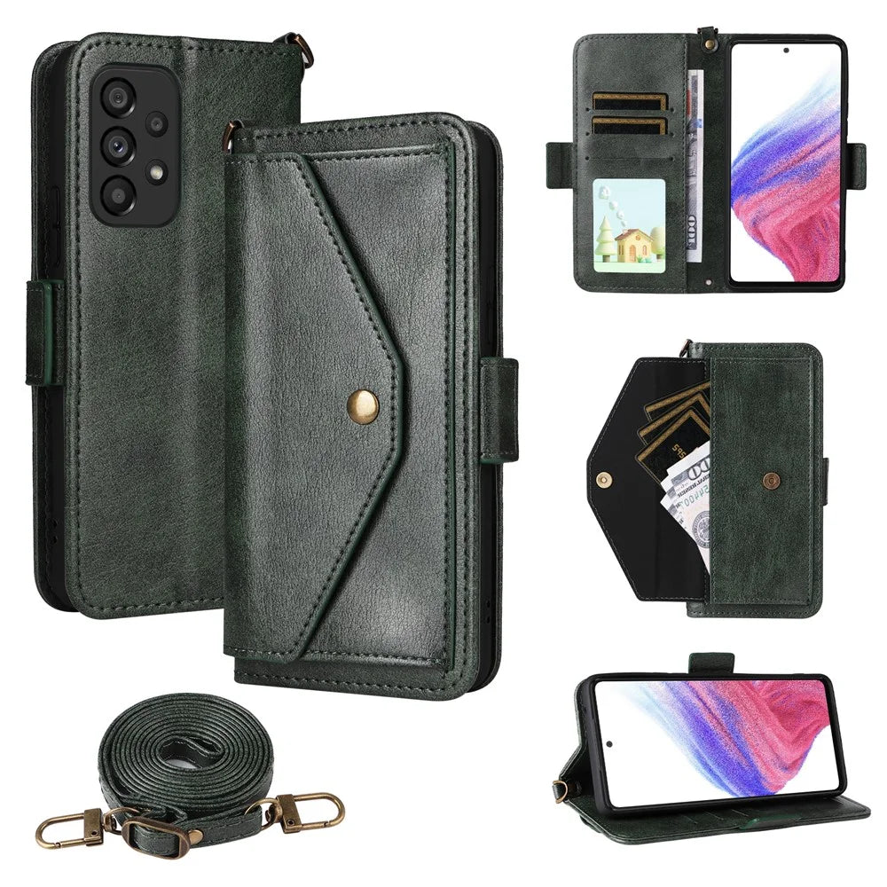 For Samsung Galaxy A53 5G Leather Case Magnetic Closure Wallet Stand Phone Cover with Crossbody Strap - Green - 1