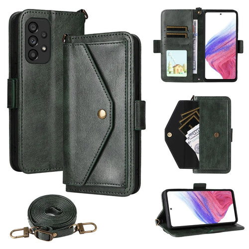For Samsung Galaxy A53 5G Leather Case Magnetic Closure Wallet Stand Phone Cover with Crossbody Strap - Green - 1