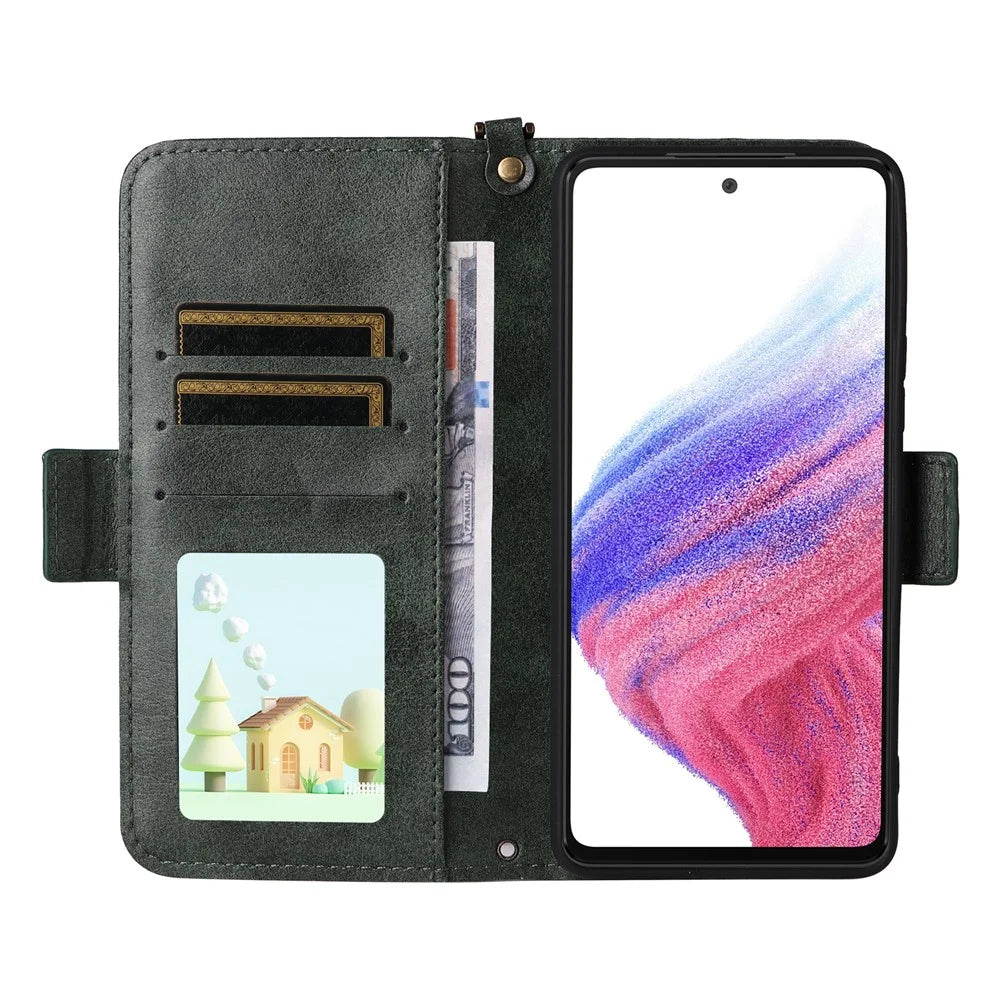 For Samsung Galaxy A53 5G Leather Case Magnetic Closure Wallet Stand Phone Cover with Crossbody Strap - Green - 2