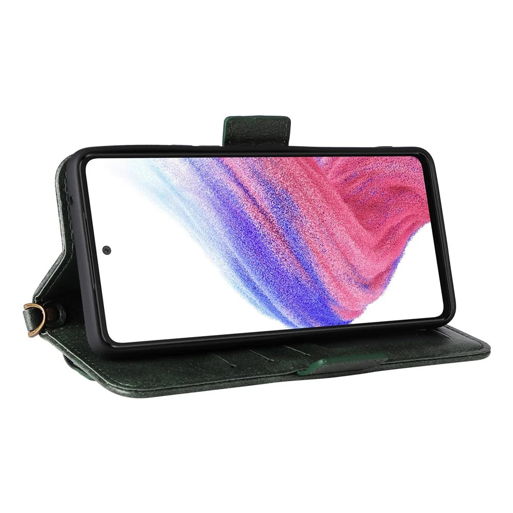 For Samsung Galaxy A53 5G Leather Case Magnetic Closure Wallet Stand Phone Cover with Crossbody Strap - Green - 4