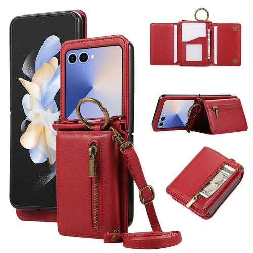 For Samsung Galaxy Z Flip7 5G Leather Back Cover Zipper Wallet Kickstand Phone Case with Shoulder Strap - Red - 1