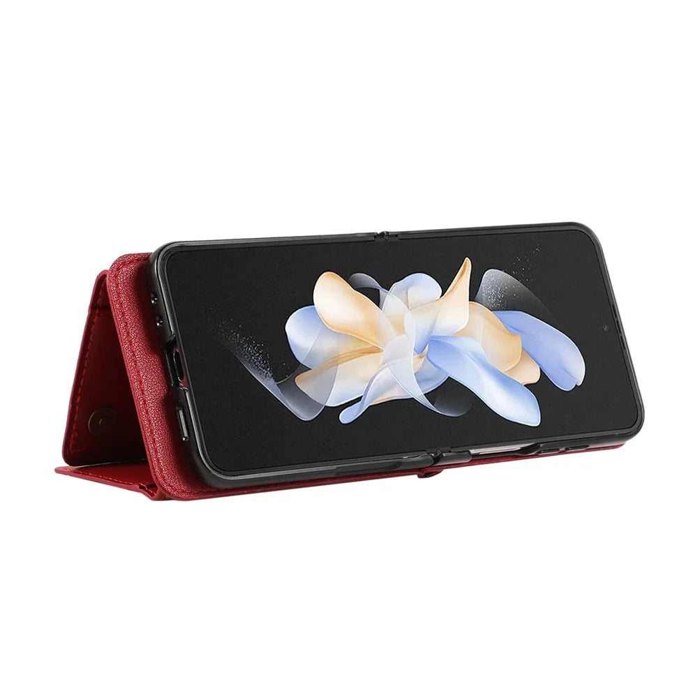 For Samsung Galaxy Z Flip7 5G Leather Back Cover Zipper Wallet Kickstand Phone Case with Shoulder Strap - Red - 2