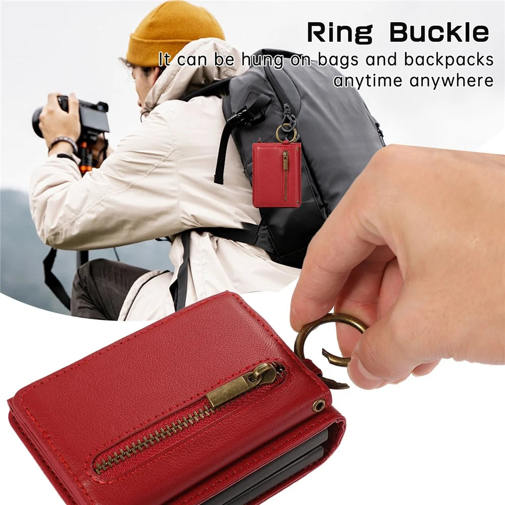 For Samsung Galaxy Z Flip7 5G Leather Back Cover Zipper Wallet Kickstand Phone Case with Shoulder Strap - Red - 3