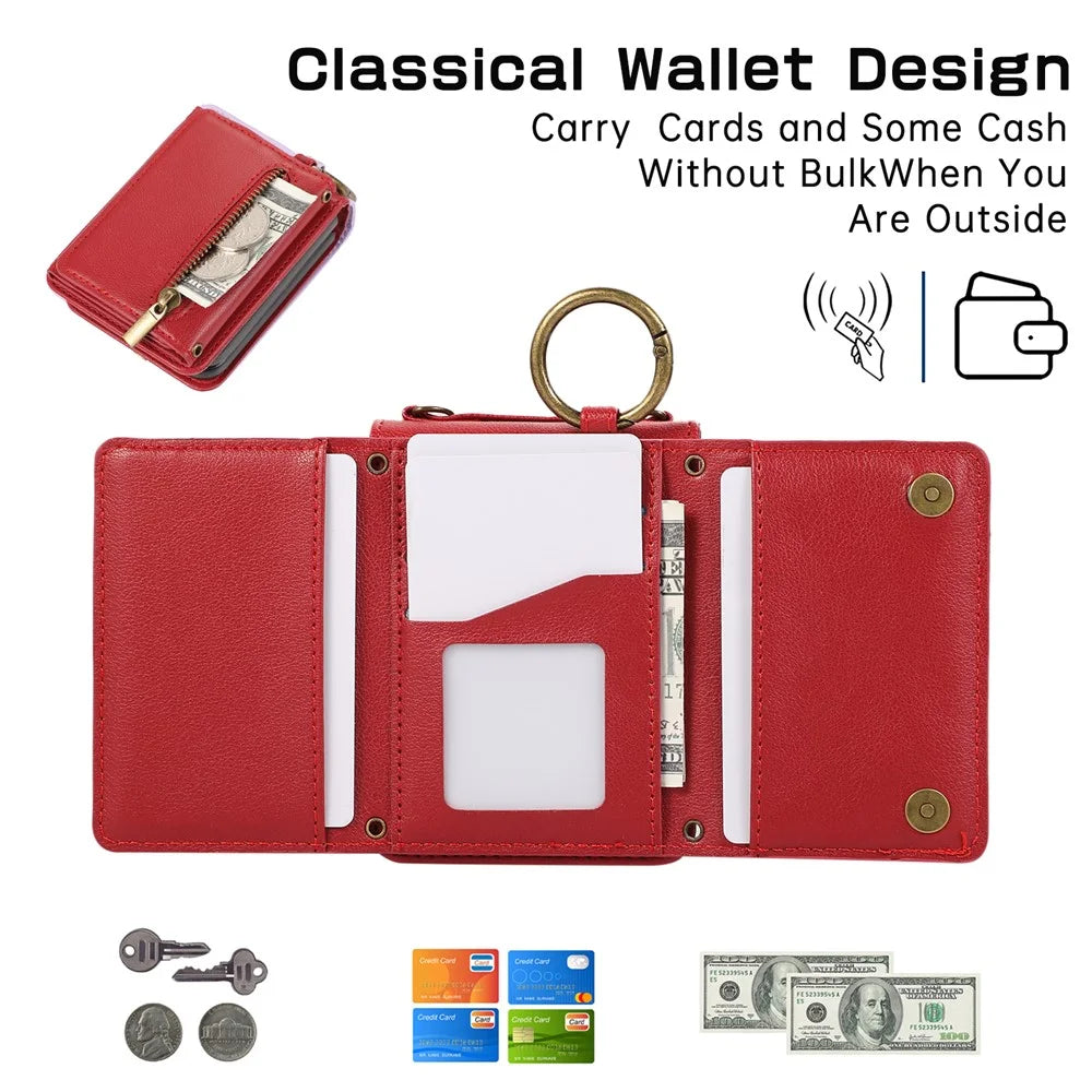 For Samsung Galaxy Z Flip7 5G Leather Back Cover Zipper Wallet Kickstand Phone Case with Shoulder Strap - Red - 4
