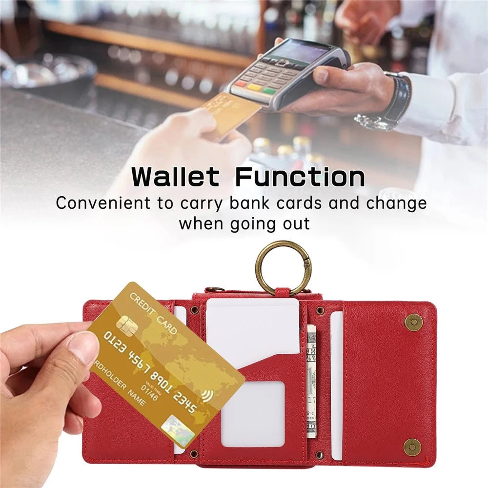 For Samsung Galaxy Z Flip7 5G Leather Back Cover Zipper Wallet Kickstand Phone Case with Shoulder Strap - Red - 5