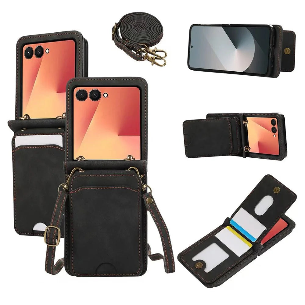 For Samsung Galaxy Z Flip7 5G Case Card Holder Kickstand Leather + TPU Phone Cover with Shoulder Strap - Black - 1