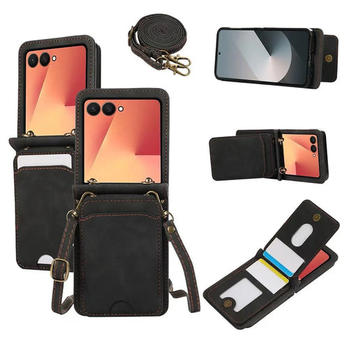 For Samsung Galaxy Z Flip7 5G Case Card Holder Kickstand Leather + TPU Phone Cover with Shoulder Strap - Black - 1