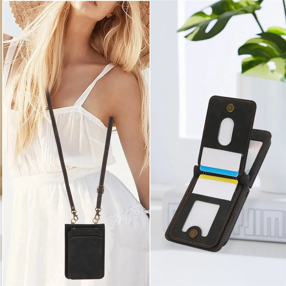 For Samsung Galaxy Z Flip7 5G Case Card Holder Kickstand Leather + TPU Phone Cover with Shoulder Strap - Black - 5