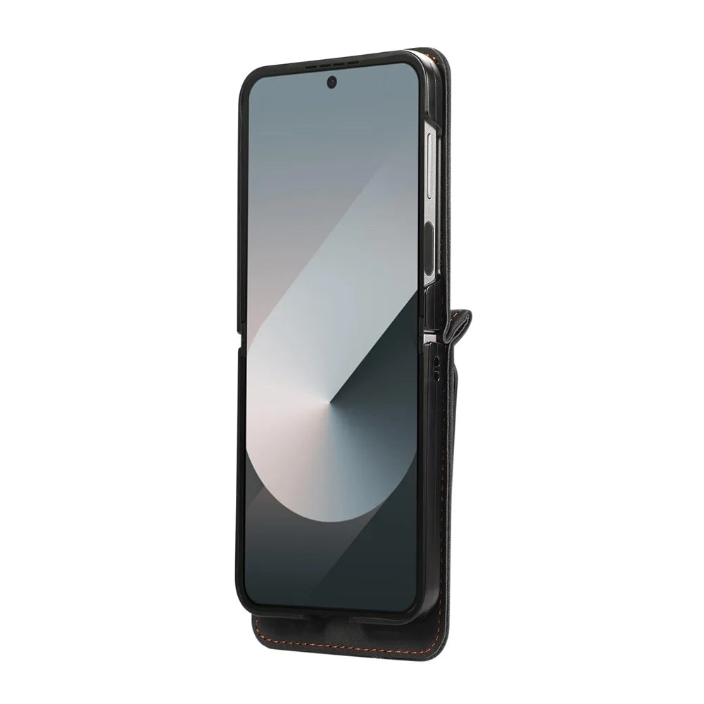 For Samsung Galaxy Z Flip7 5G Case Card Holder Kickstand Leather + TPU Phone Cover with Shoulder Strap - Black - 6