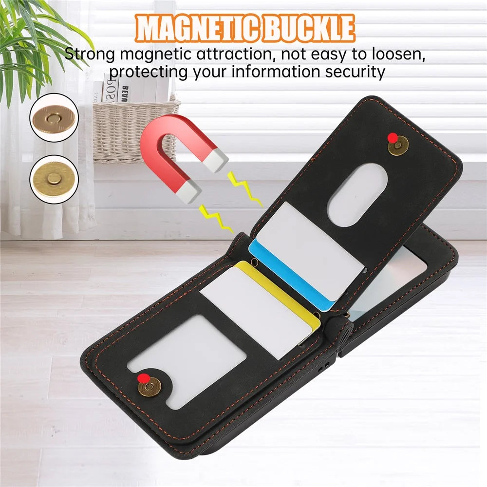 For Samsung Galaxy Z Flip7 5G Case Card Holder Kickstand Leather + TPU Phone Cover with Shoulder Strap - Black - 4