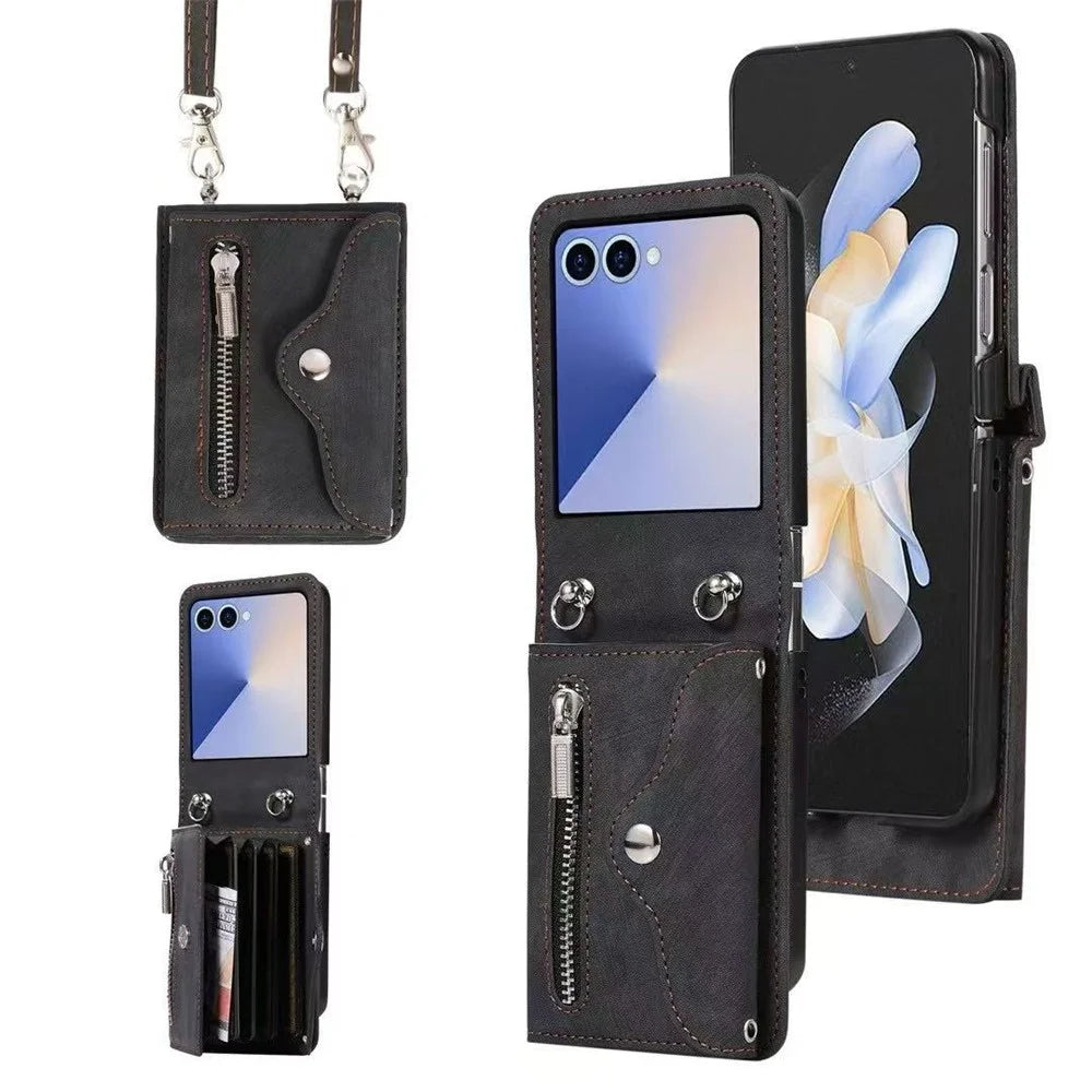 For Samsung Galaxy Z Flip7 5G Cell Phone Case PU Leather + TPU RFID Blocking Card Slots Cover with 2 Straps - Black - 1