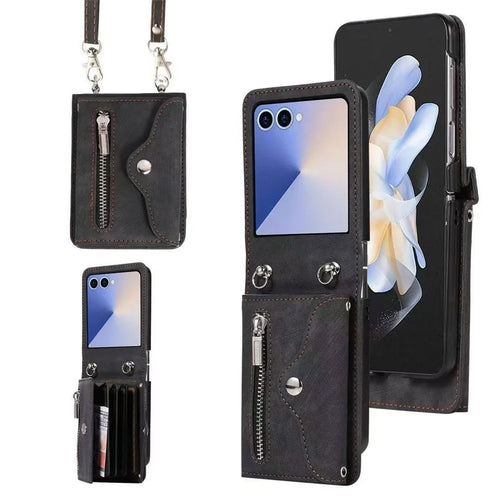 For Samsung Galaxy Z Flip7 5G Cell Phone Case PU Leather + TPU RFID Blocking Card Slots Cover with 2 Straps - Black - 1