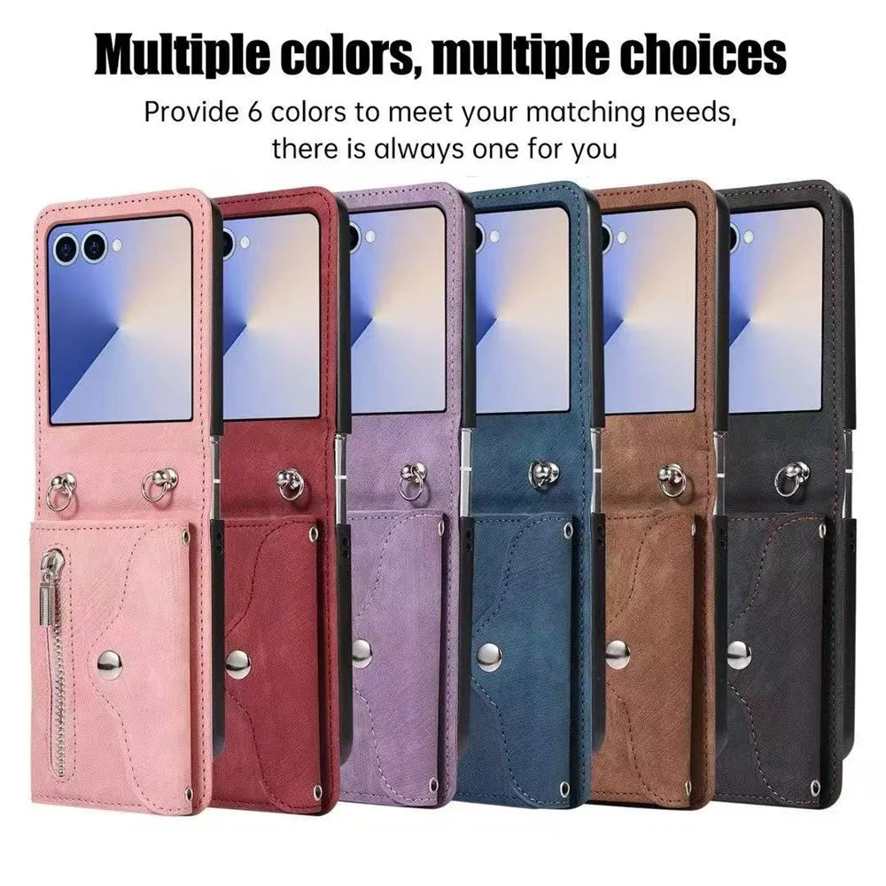 For Samsung Galaxy Z Flip7 5G Cell Phone Case PU Leather + TPU RFID Blocking Card Slots Cover with 2 Straps - Black - 2