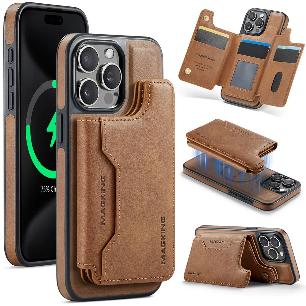MAGKING K3 Series For iPhone 15 Pro Case Compatible with MagSafe Wallet PC + TPU + PU Phone Cover - Brown - 1