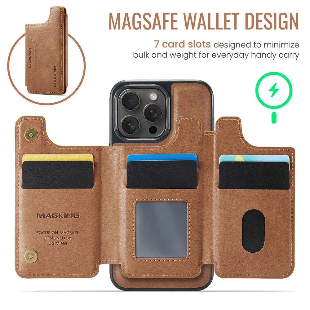 MAGKING K3 Series For iPhone 15 Pro Case Compatible with MagSafe Wallet PC + TPU + PU Phone Cover - Brown - 6