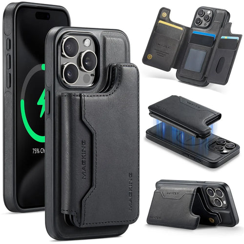 MAGKING K3 Series For iPhone 15 Pro Max Case Compatible with MagSafe Wallet PC + TPU + PU Phone Cover - Black - 1