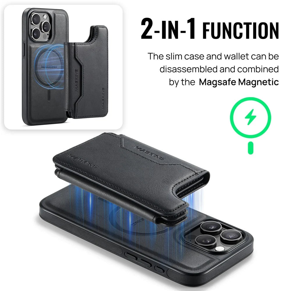 MAGKING K3 Series For iPhone 15 Pro Max Case Compatible with MagSafe Wallet PC + TPU + PU Phone Cover - Black - 5