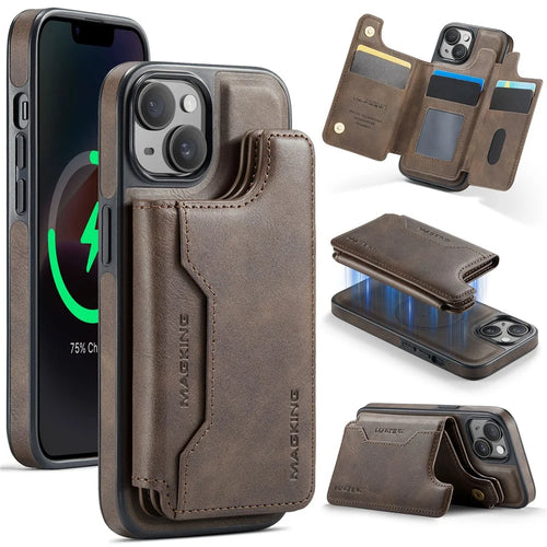MAGKING K3 Series For iPhone 14 Case Compatible with MagSafe Wallet PC + TPU + PU Phone Cover - Coffee - 1