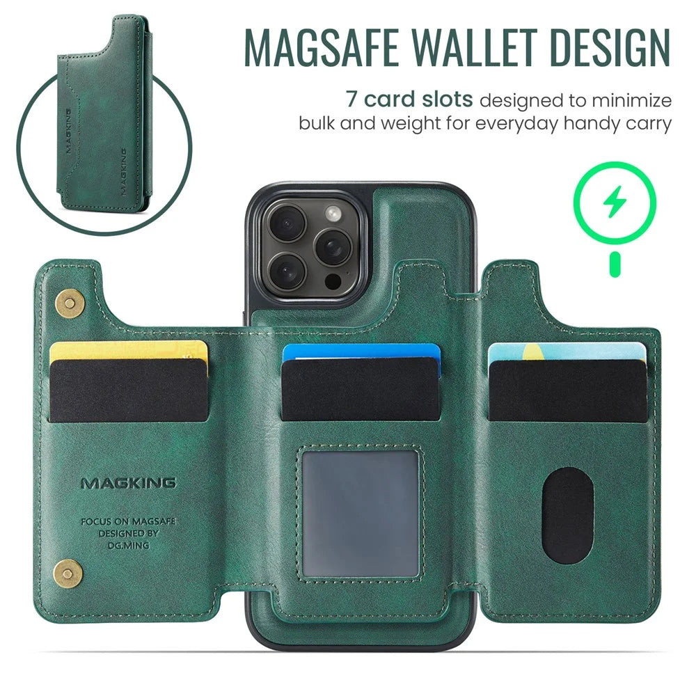 MAGKING K3 Series For iPhone 13 Pro Case Compatible with MagSafe Wallet PC + TPU + PU Phone Cover - Green - 6