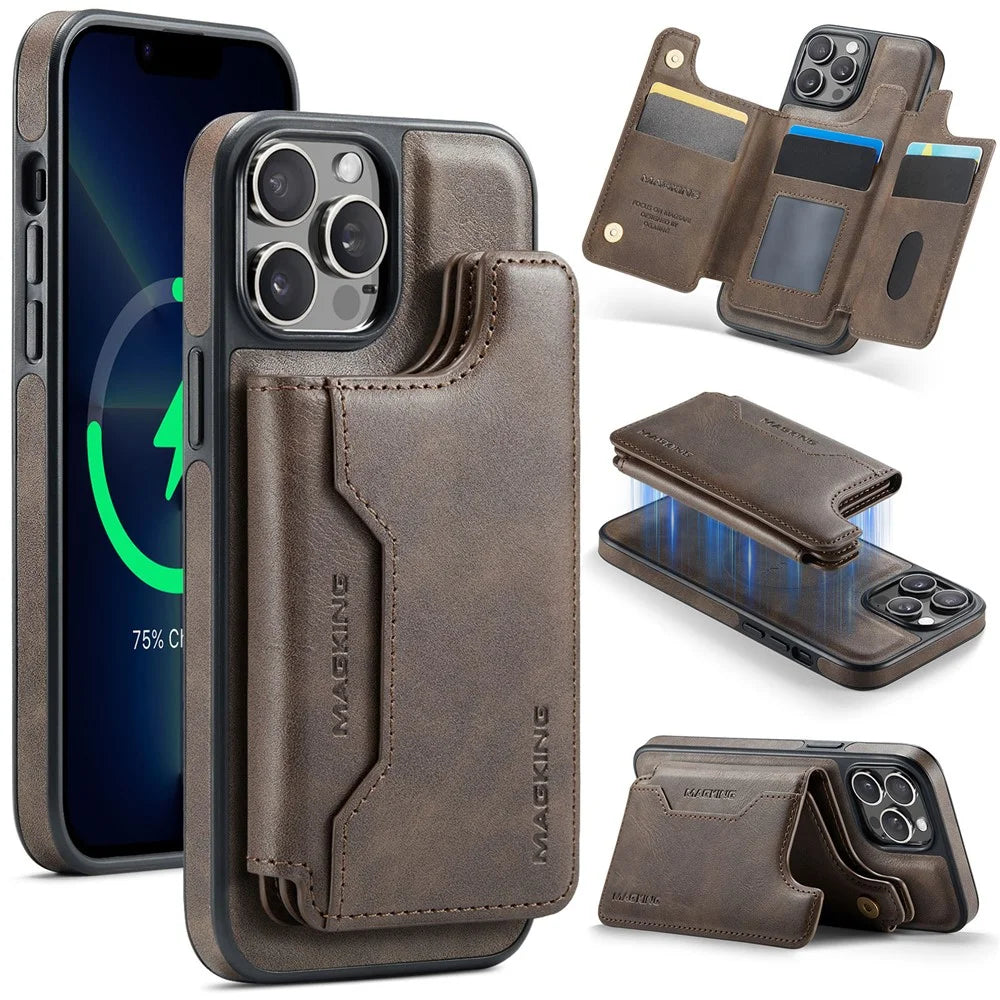 MAGKING K3 Series For iPhone 13 Pro Max Case Compatible with MagSafe Wallet PC + TPU + PU Phone Cover - Coffee - 1